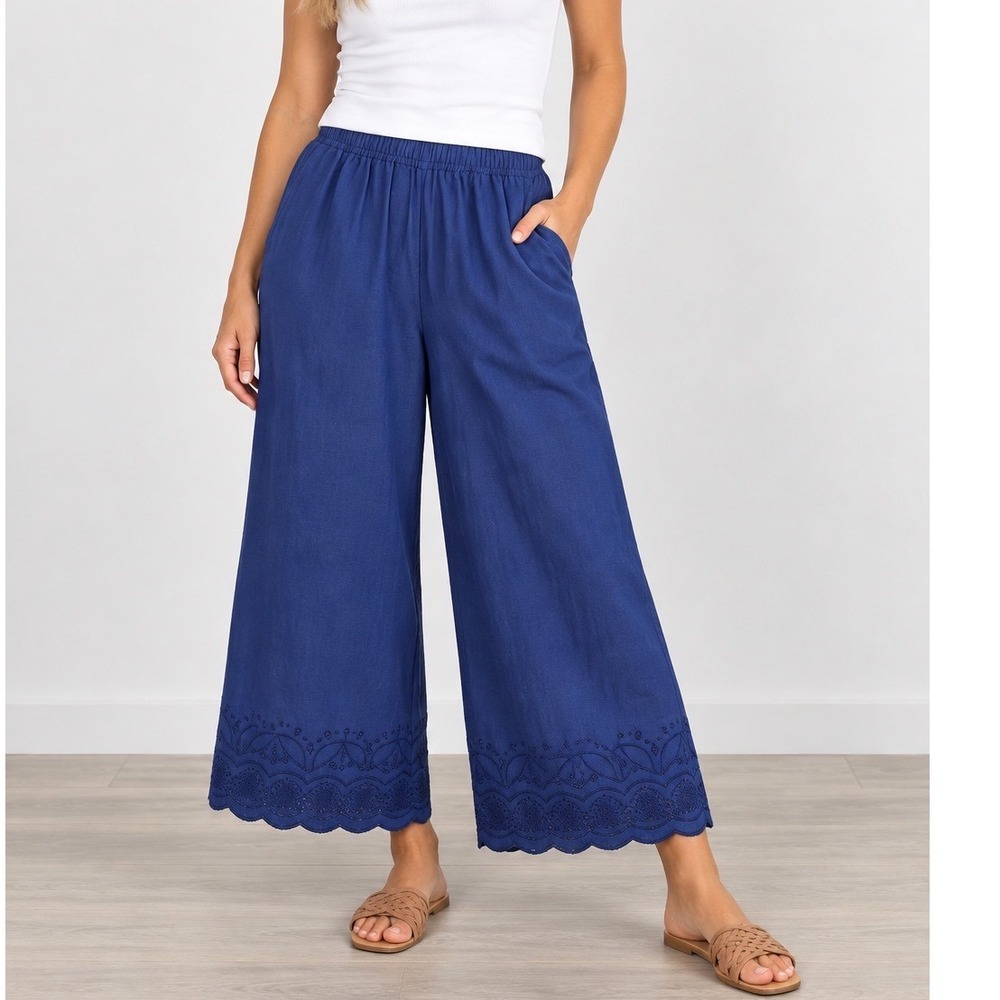 Roller Rabbit Blue Cotton Linen Wide Leg Crop Scallop Embroidered Pants Sz Small
